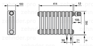 Схема (чертеж) Радиатор Zehnder Charleston 3030/9 №V002 Белый глянцевый RAL 9016